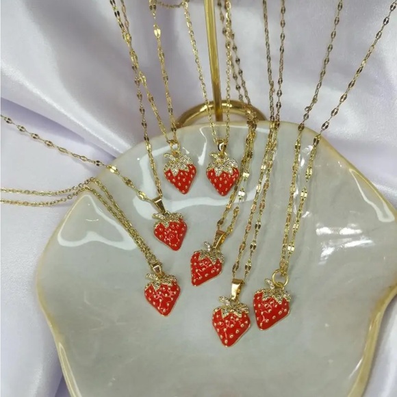 CZ Strawberry charm 18k gold plated necklace. New. - Picture 5 of 12